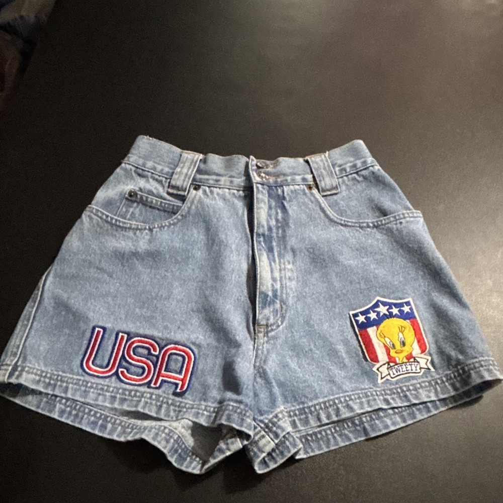 Vintage Looney Tunes Tweety Girls Blue Denim Shorts Size 9 Button Closure Pocket